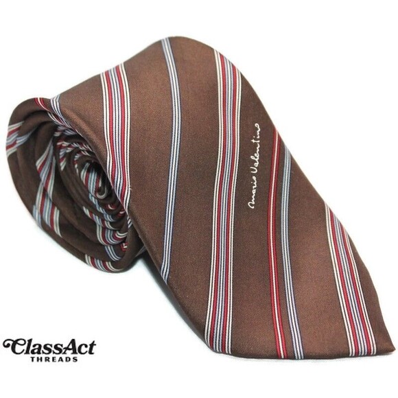 MARIO VALENTINO 100% silk MADE IN ITALY  Brown Striped 3" Wide - Picture 1 of 7